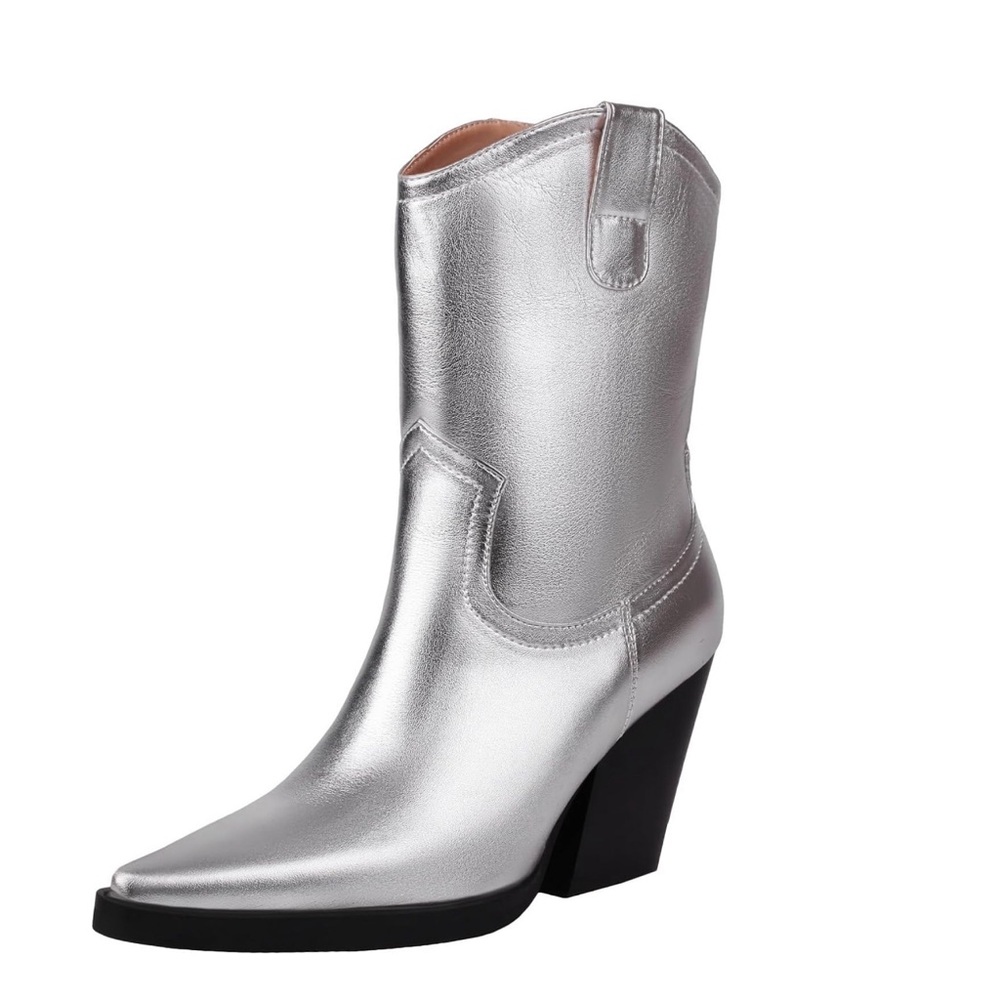 LOIRIT Women's Cowgirl Boots Silver Mid Calf Chunky Heel
